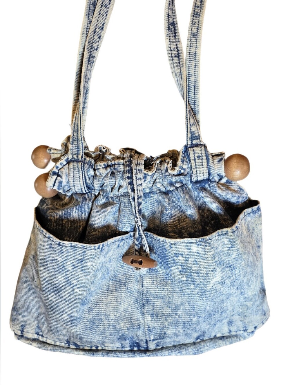 VTG 1980s Acid Wash Denim Shoulder Bag Drawstring Wood Bead Boho Slouchy Tote - Picture 3 of 15